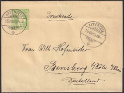 1908, APPENZELL nach Rensberg bei Köln am Rhein (DE) 5Rp.-Streifband ...