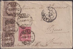 GENEVE 1881, Nr.30 (3x)+38 auf Damenbrief (klein) nach PEZENAS (FR) ...