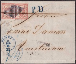 GLARUS 1854, Nr.20 (2x) auf Teilbrief nach AMSTERDAM (NL) mit Franco ...