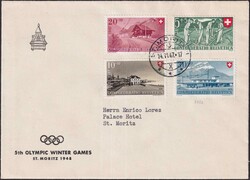 1947, Ersttagsbrief von St.MORITZ (5th Olympic Winter Games, rs HOTEL ...