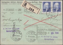 1934, Empfangsschein von SCHÜPFHEIM nach LUZERN, innenseitig mit ...