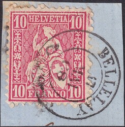 10c karmin, Nr.38 mit Posthorn-Stempel von BELLELAY: 17.MAI.1868, ...
