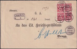 BRUGG AG (VORLADUNG) 9.SEPT.1887, attraktive Viererblock-Frankatur ...