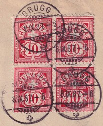 BRUGG AG (VORLADUNG) 9.SEPT.1887, attraktive Viererblock-Frankatur ...