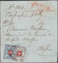 RHEINFELDEN 1851 nach Möhlin, Mischfrankatur Rayon I (hellblau, T.4 ...