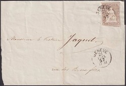 GENEVE 1857, 22C ohne Seidenfaden auf Faltbrief, jeweils seitlich ...