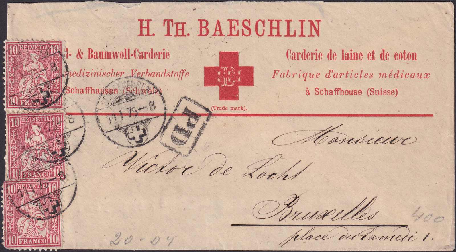 SCHAFFHAUSEN 1875 mit rotem KREUZ, Zier-Kopf med. Verbands-Stoffe ...