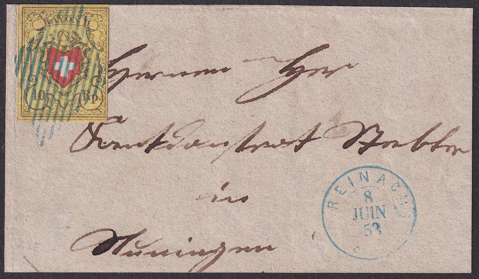 REINACH 1853, T.5 D-LO, auf Briefstück Marke vollrandig/leicht ...