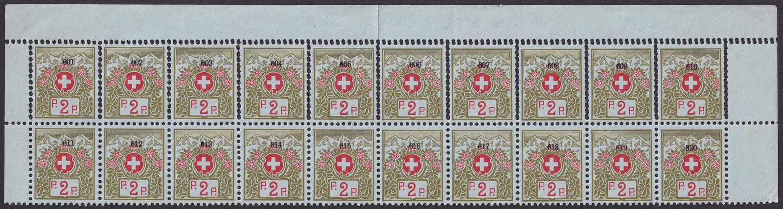 1911, 2A im 20er-Block, DOPPELZÄHNUNG der oberen Marken, wohl UNIKAT ...