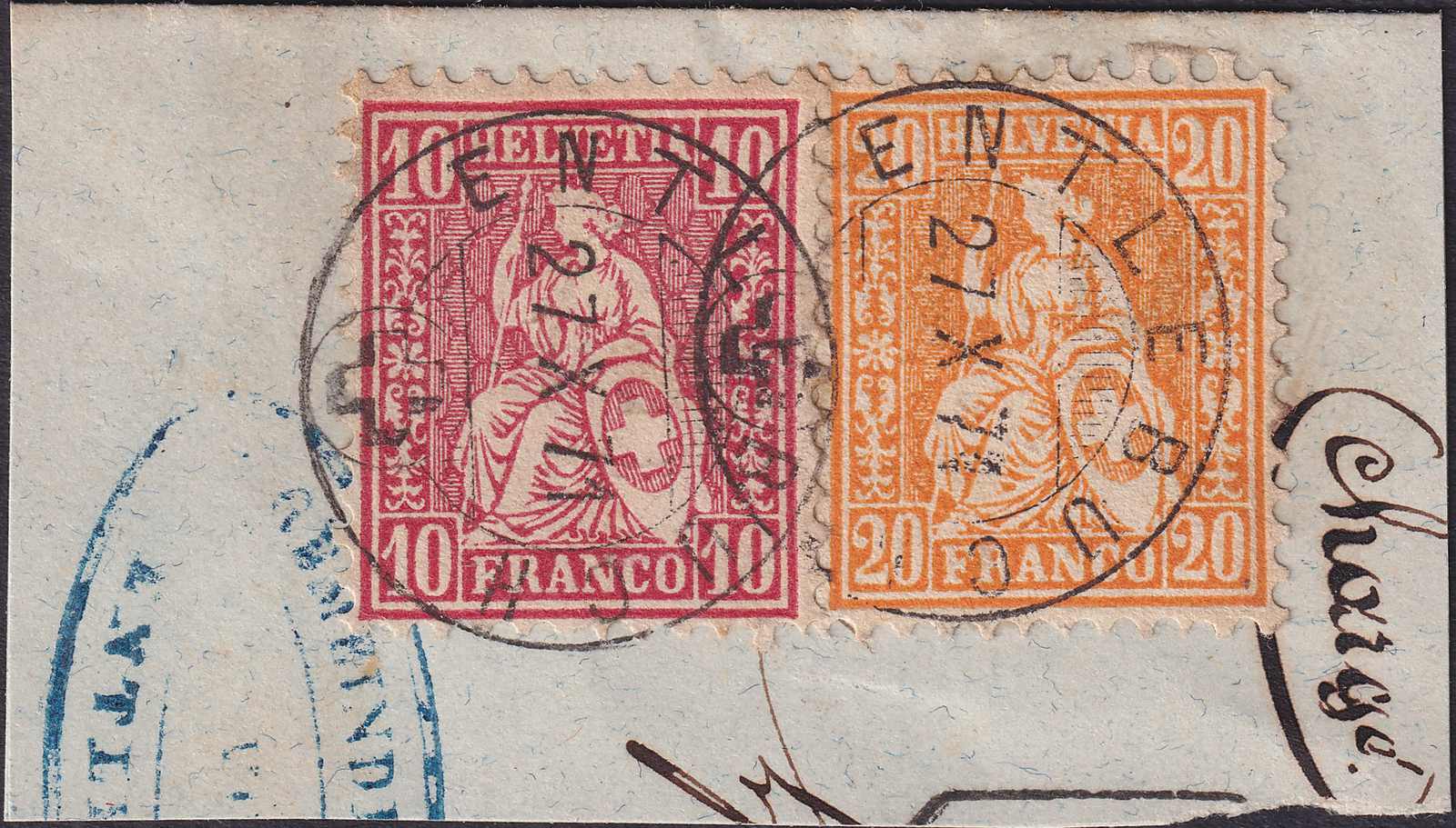 ENTLEBUCH, Nr.32+38 auf Briefstück mit zentrischen Vollstempeln: 27 ...