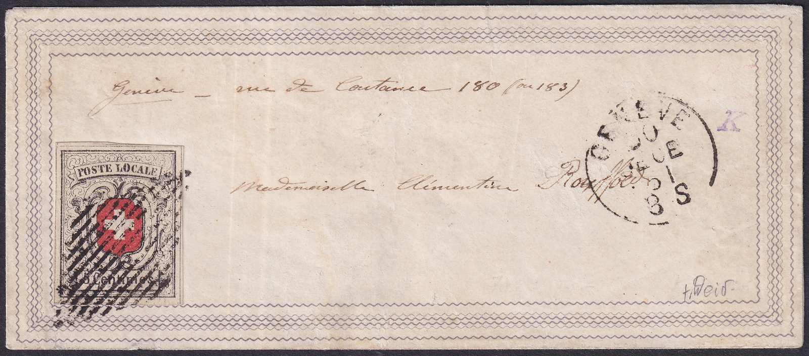 GENEVE 1851 ("Markenlose Zeit") Nr.11 auf ZIERBRIEF mit Ortsverendung ...