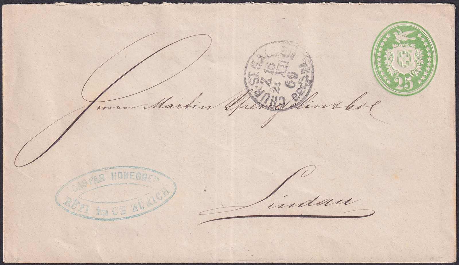 ZÜRICH 1869, RÜTI (Gaspar Honegger), 25c-Tüblibrief nach LINDAU ...