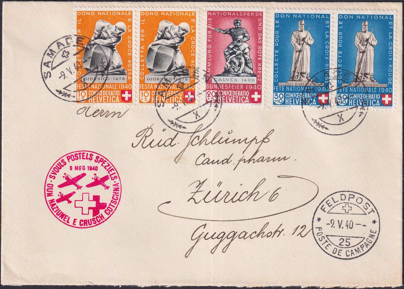 1940, Rotkreuzflug von SAMADEN (25) via Feldpost nach Zürich, Pro ...