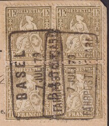 ÖSTERREICH, 4x 1Fr. golden (36.c) im Viererblock von BASEL nach WIEN ...