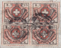 ZÜRICH 1850 (4.OCTO), "geklebter" Viererblock der WINTERTHUR" Nr.12 ...