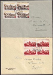 1943, B20+B21 (Viererblöcke) auf Brief von LUZERN (Hotel Union), ...