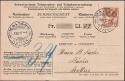 MALTERS 1912, Nr.121 auf Nachnahme-Telegramm in bester Erhaltung auf ...