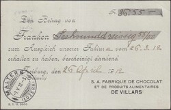 FRIBOURG 1912 nach Malters, Zudruck-Karte (Schokolade, Chocolats) mit ...