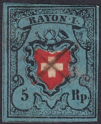 Type 10 A2-O, 15II.f (grünlichblau) mit Tintenkreuz zentrisch ...