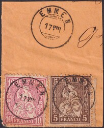 EMMEN, Zwergstempel auf Nr.30+38 auf kelinem Briefstück, gute ...