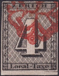 ZÜRICH 4, 1S (Type V) mit kräftigen roten Unterdrucklinien, ...