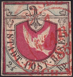 BASLER TAUBE, Nr.8 (schwarz/blau/karmin) mit rotem Zierkreisstempel ...