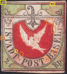 BASLER TAUBE, Nr.8I (Probedruck) 33.Marke des Bogens (Eckrandstück ...