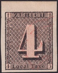ZÜRICH 4, 1S mit überrandigem Markenschnitt, mit roter Rosette ...