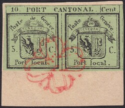 Doppelgenf, Nr.3 mit deformierter "roter Rosette" abgestempelt auf ...