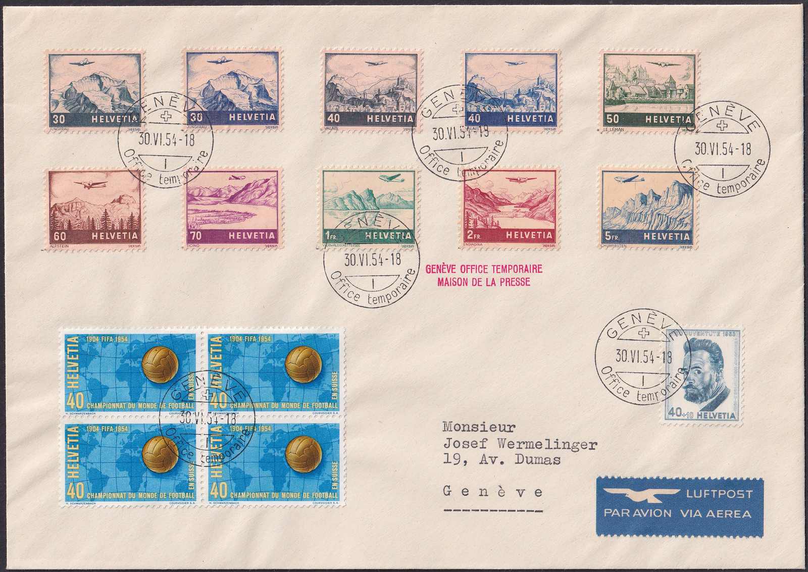 1954, F27+F28 mit F43+F44 Mischfrankatur! Kmpletter Satz inkl. 5Fr ...