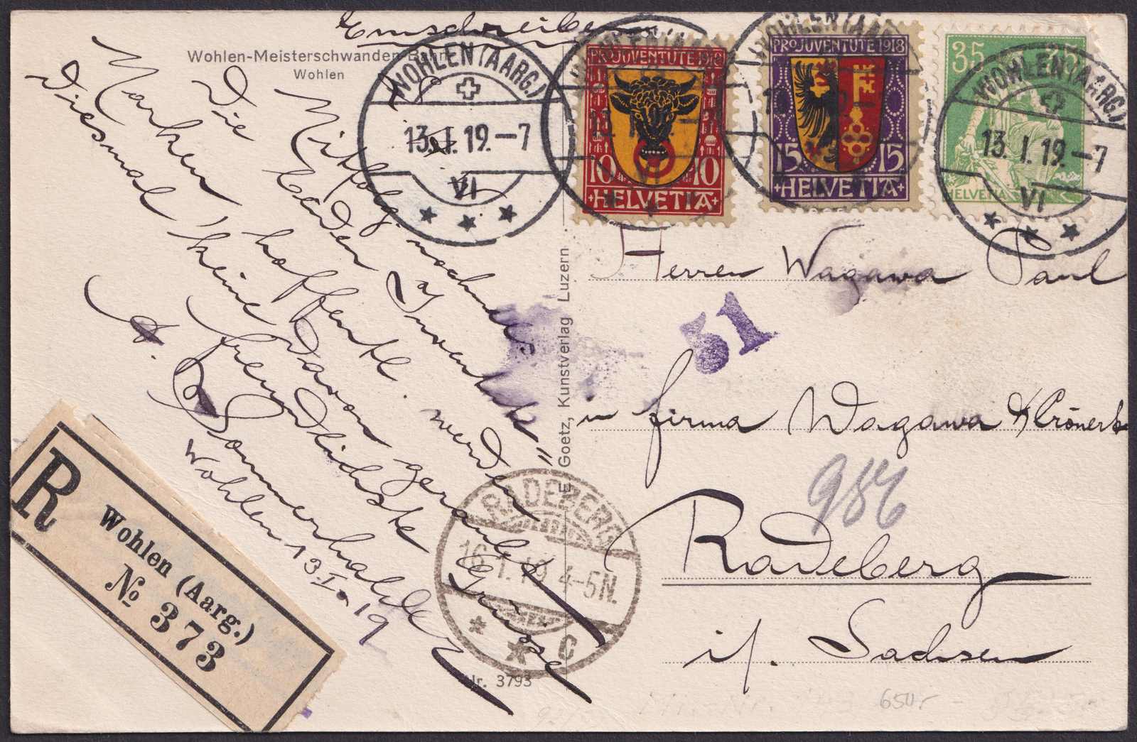 1919, WOHLEN (AARG.) nach RADEBERG (Deutschland), J10+J11 auf ...