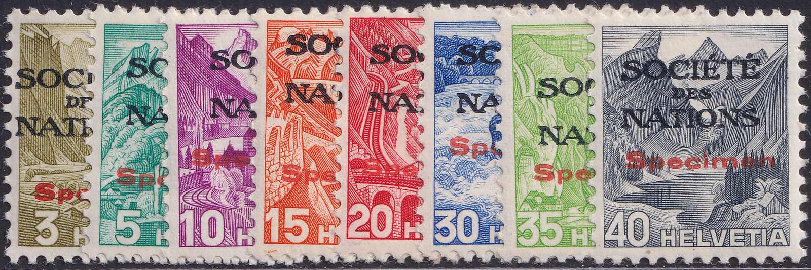 1936, Nr.47-55 SPECIMEN-Aufdrucke, gemischtes Papier, 25c fehlt, ...