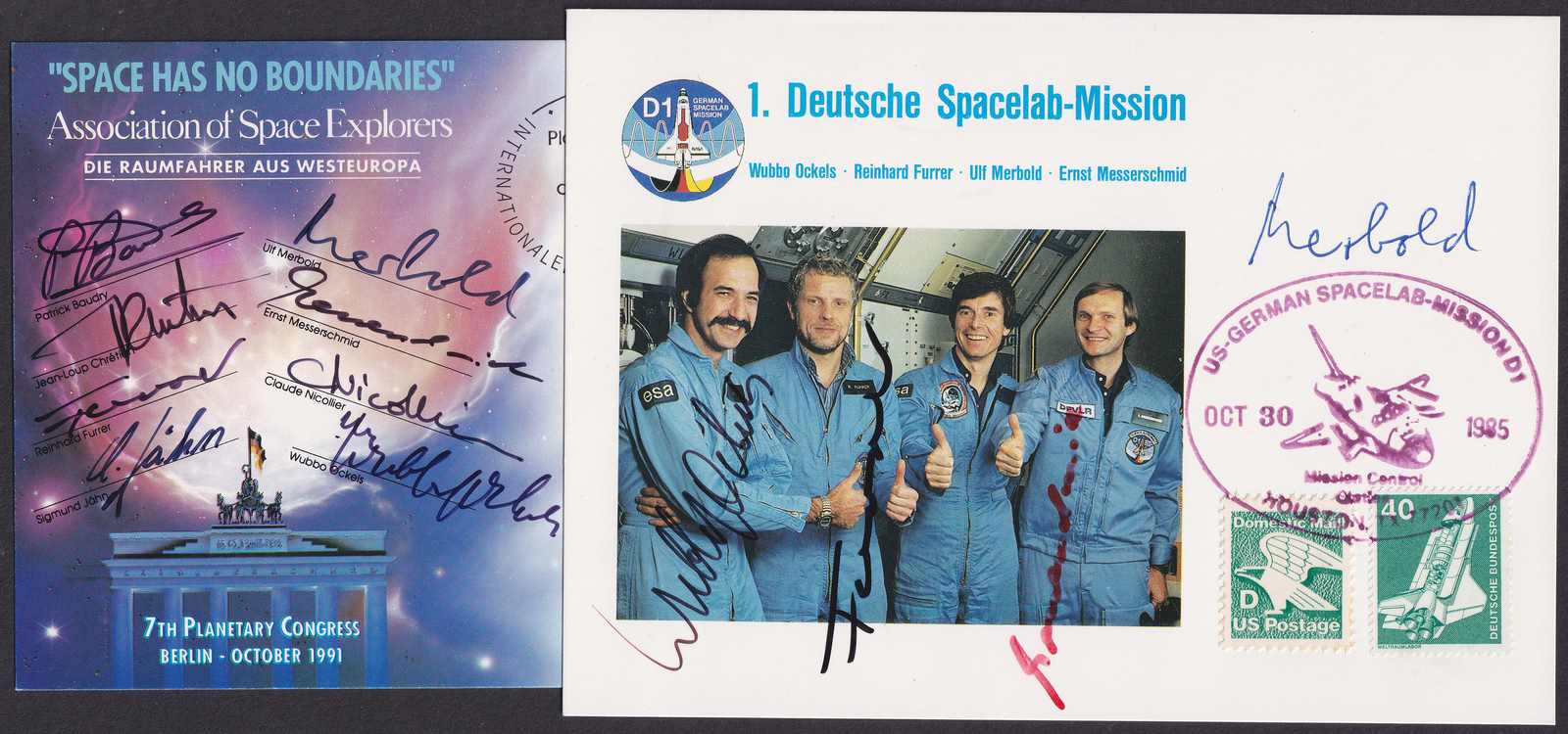 1985-1992, 3 Karten mit Unterschriften von "deutschen" Astronauten: & ...