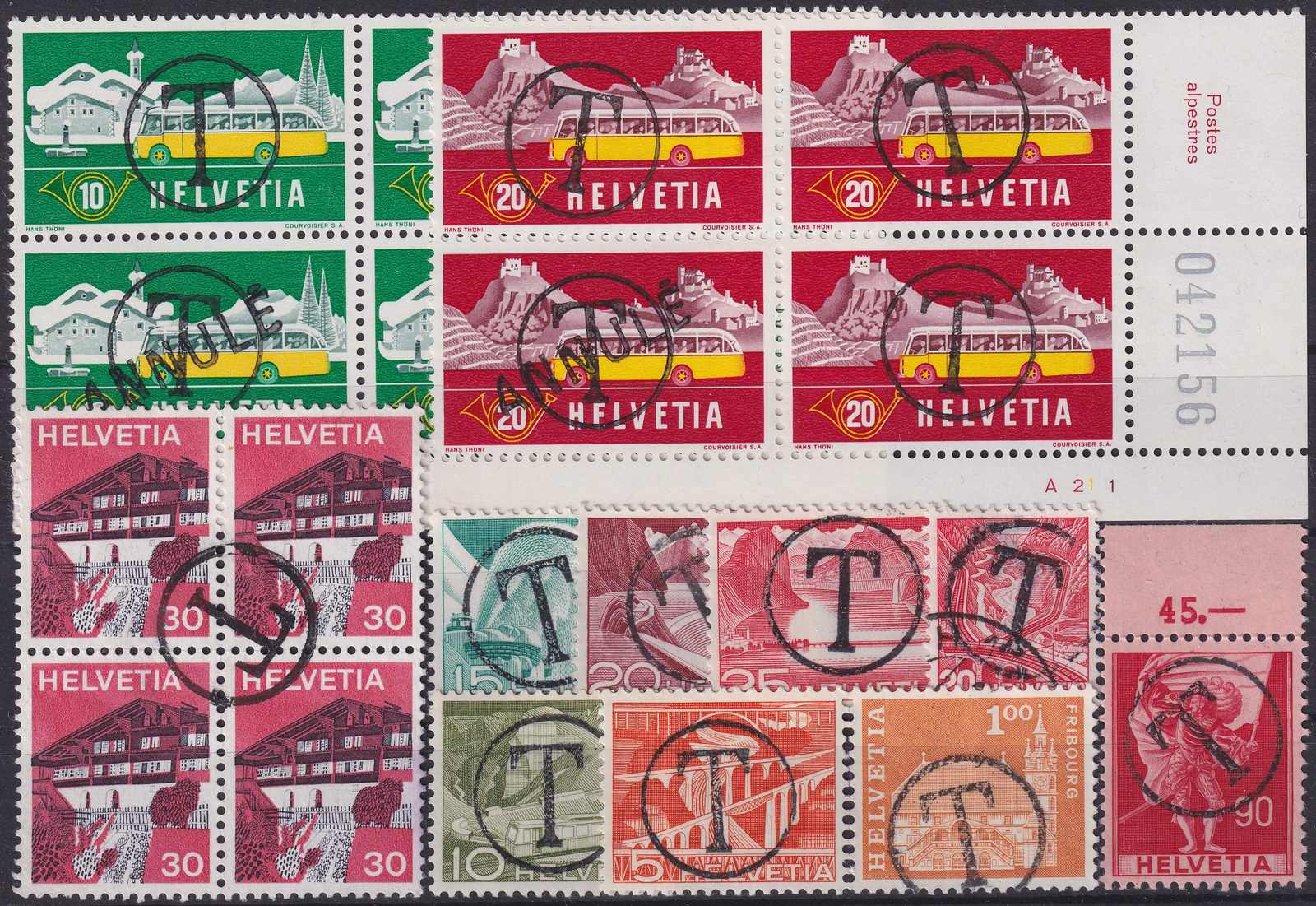 T-Stempel in Album, 84 Stück, dabei Viererblöcke Paare, meist sehr ...