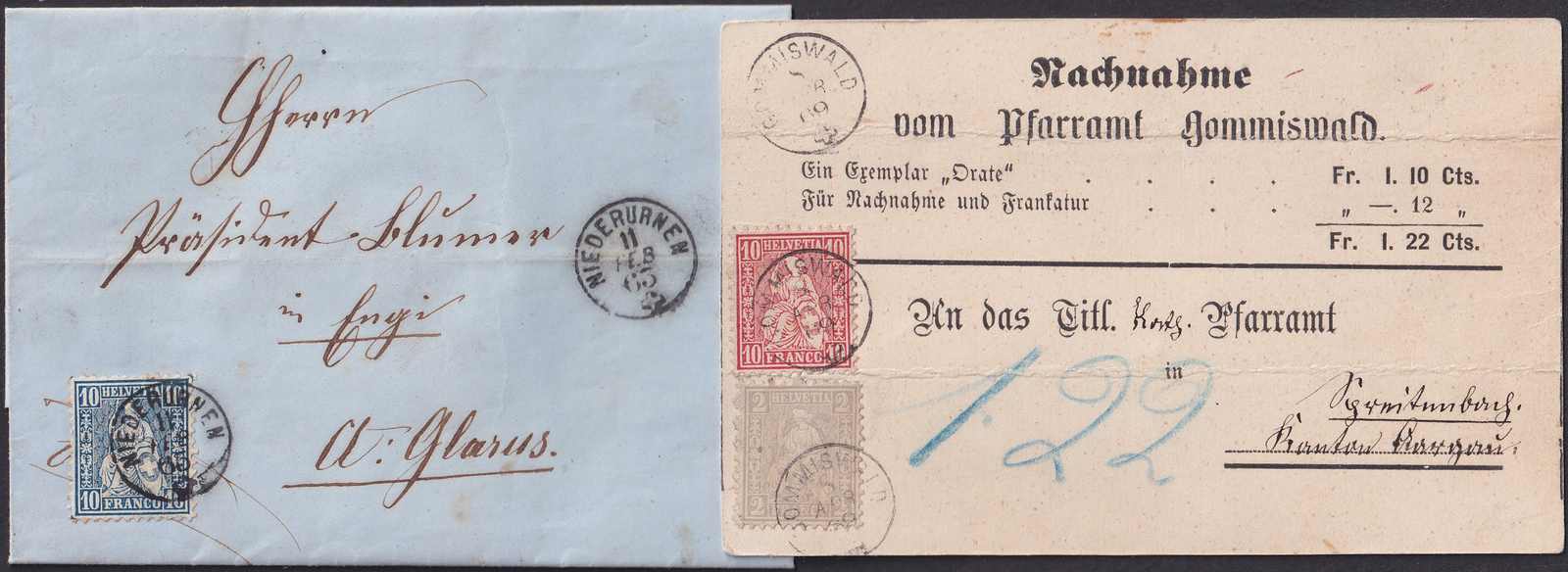 1863-1870, Fingerhut-Stempel, 8 meist saubere Belege, Niederurnen ...