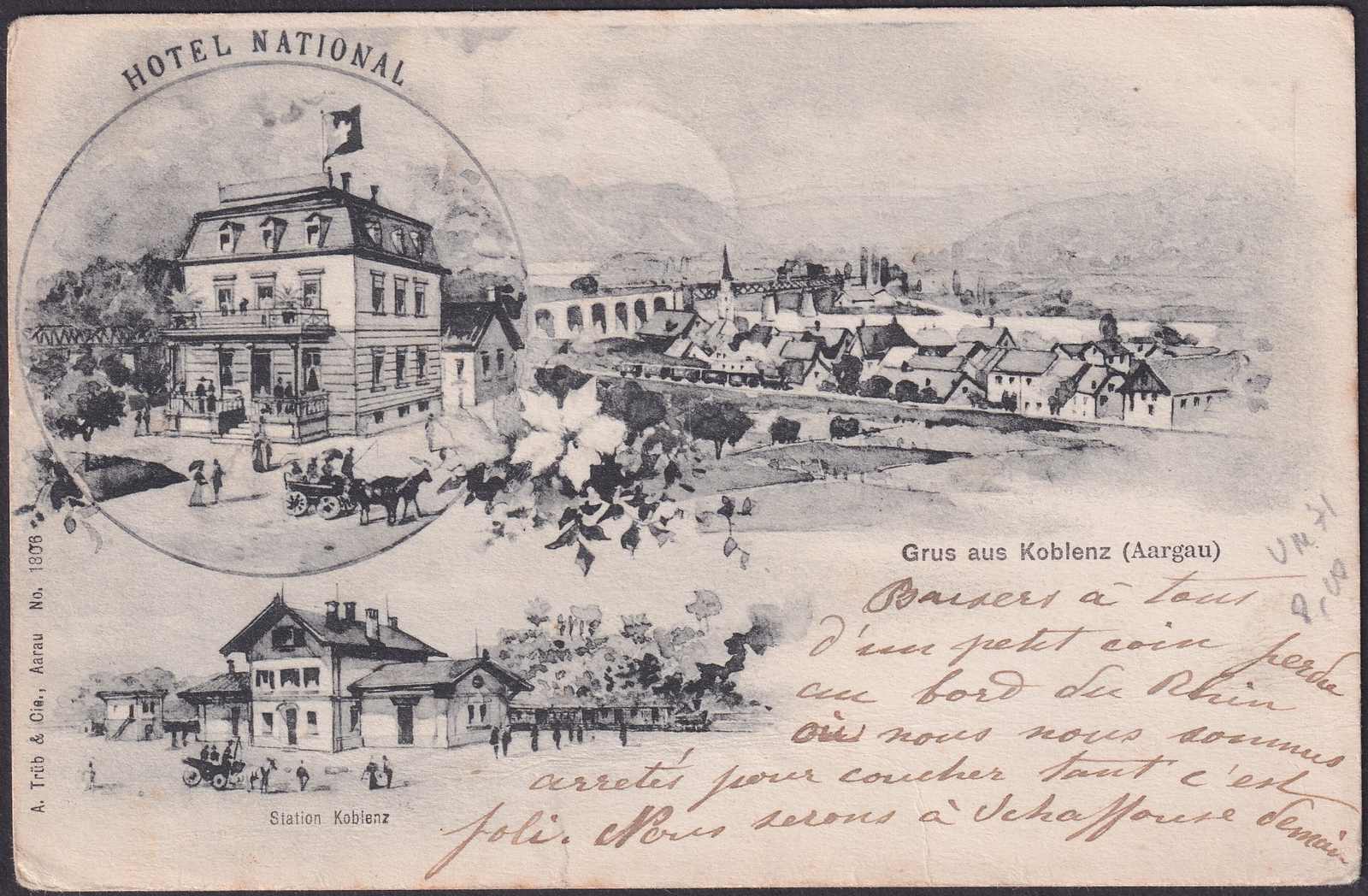 1907, HOTEL NATIONAL (Koblenz AG) Postkutschen vor HOTEL, nach FR, ...