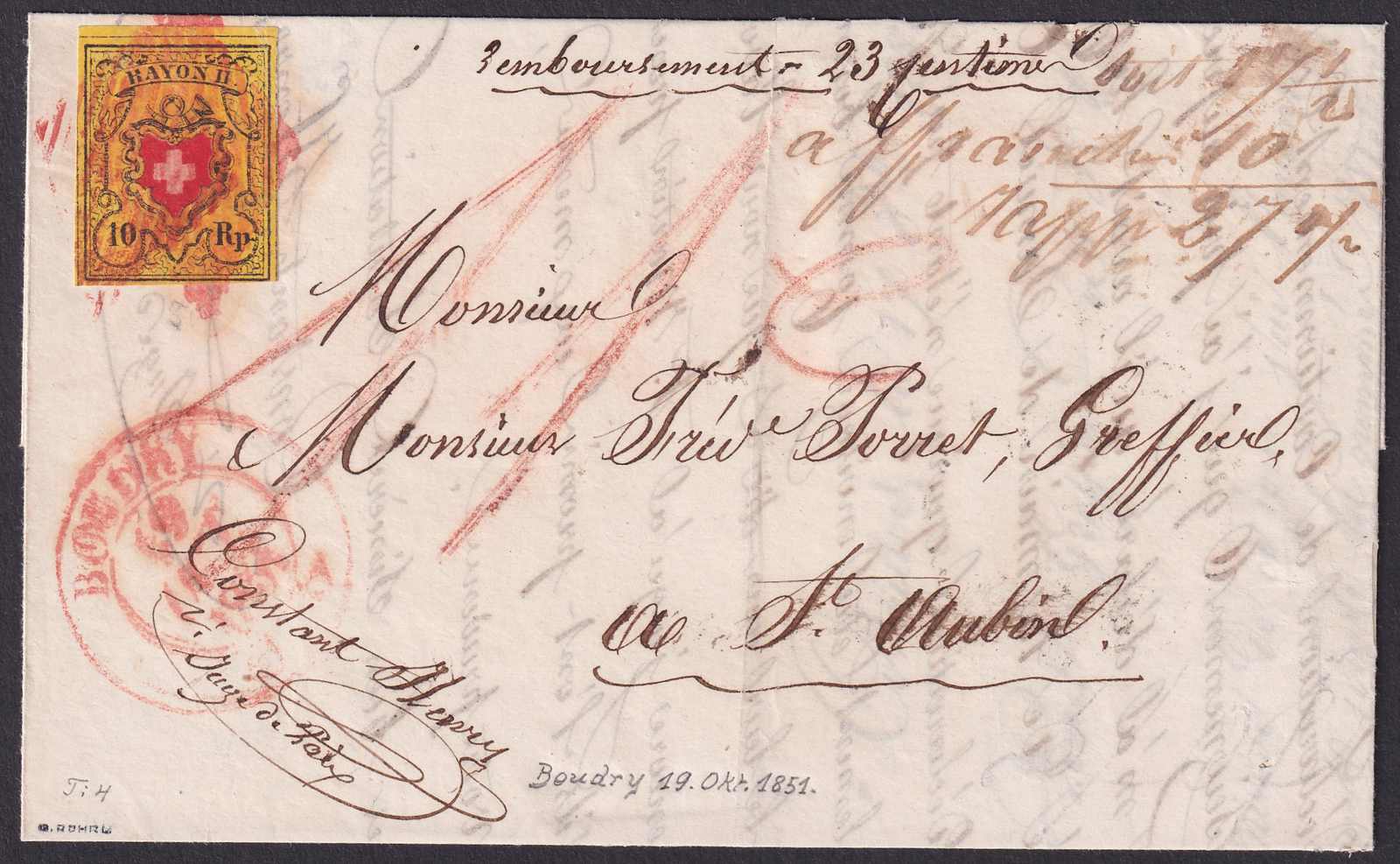 BOUDRY 1851, aussergewöhnlich frischer Beleg mit roter Raute auf ...