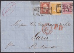 1859, 3-Farben Buntfrankatur von MAGDEBURG nach PARIS. Brief etwas ...