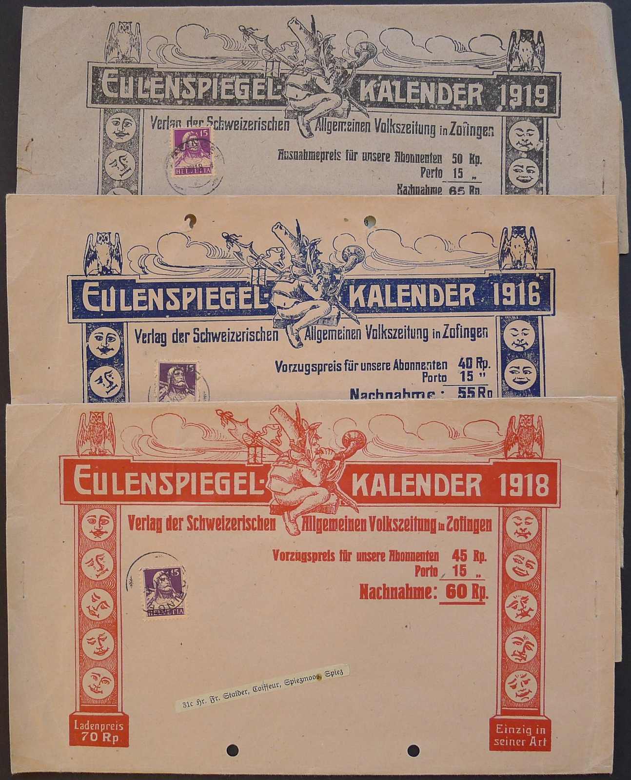 1916-1919, drei NN-Streif-Bänder: TILL EULENSPIEGEL Kalender ...