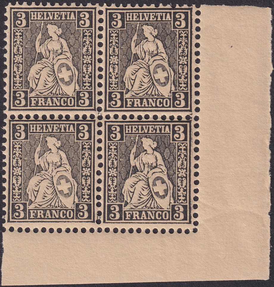 3c schwarz, 29 (Mi:21) Viererblock postfrisch **, Papier bräunlich ...