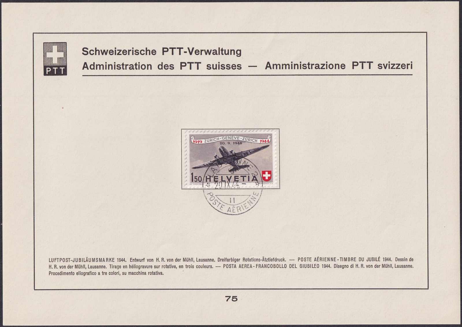 1944, Nr.74, F40,Luftpost Jubiläumsmarke, Ersttag-Halbmondstempel ...