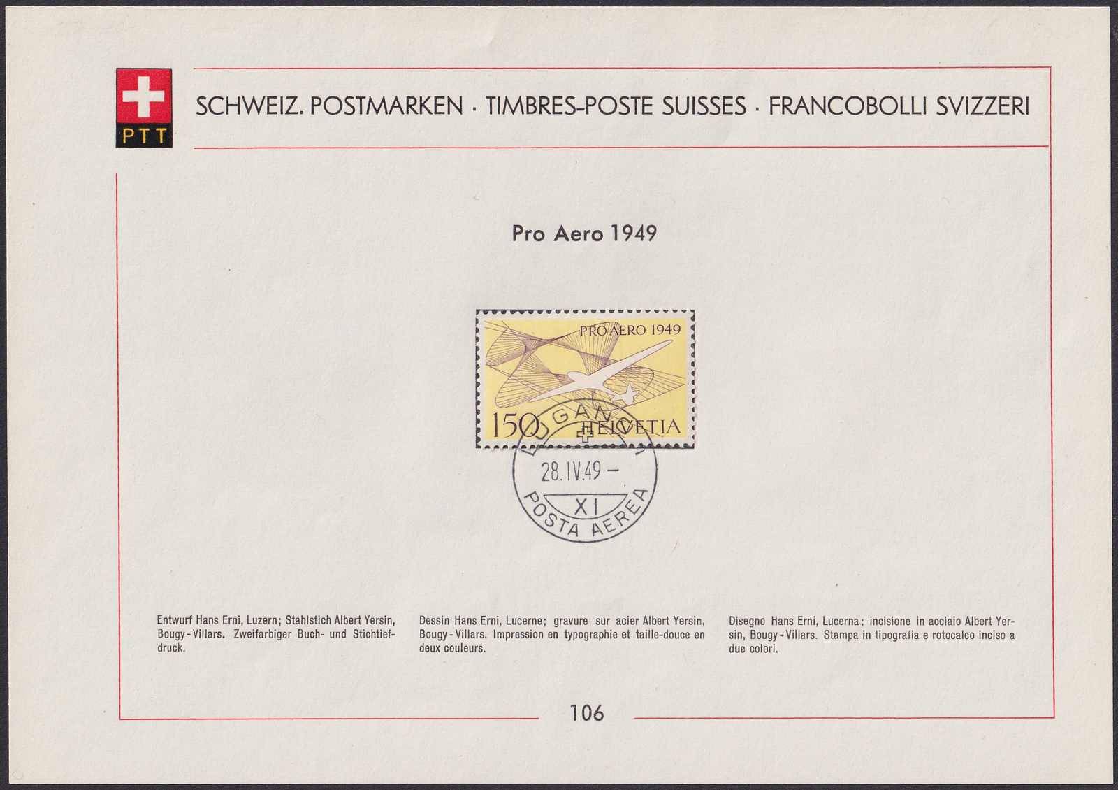 1949, Sammelblatt Nr.106 mit F45, Flugpostmarke PRO AERO von LUGANO, ...