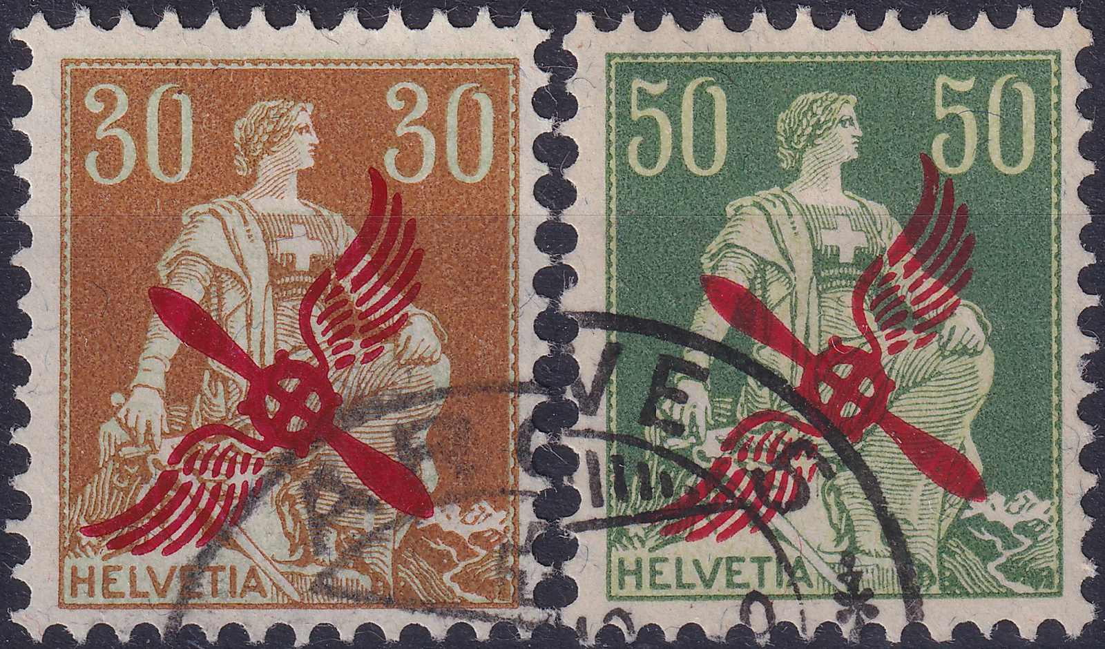 1919/20, F1+2 (Michel 145+152), im Eck gestempelt mit rotem ...