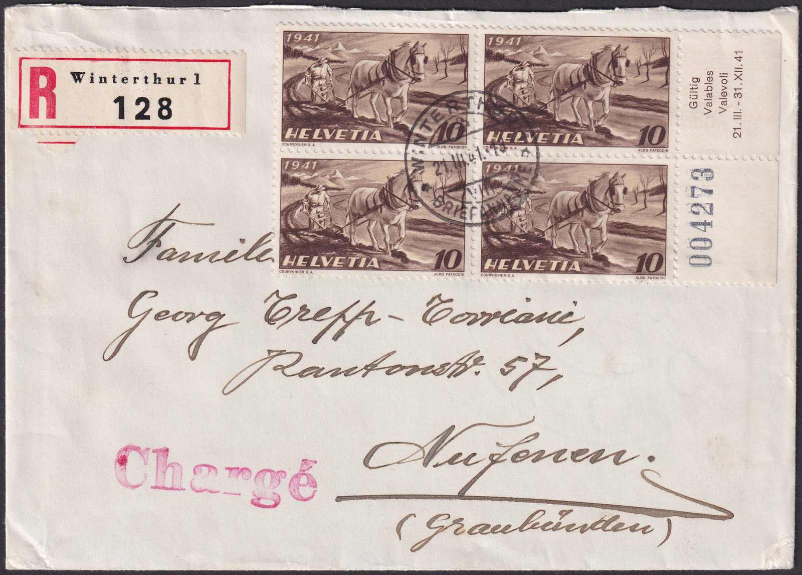 1941, Nr.252 Ersttagsbrief im Viererblock,: WINTERTHUR: 21.III.1941 ...