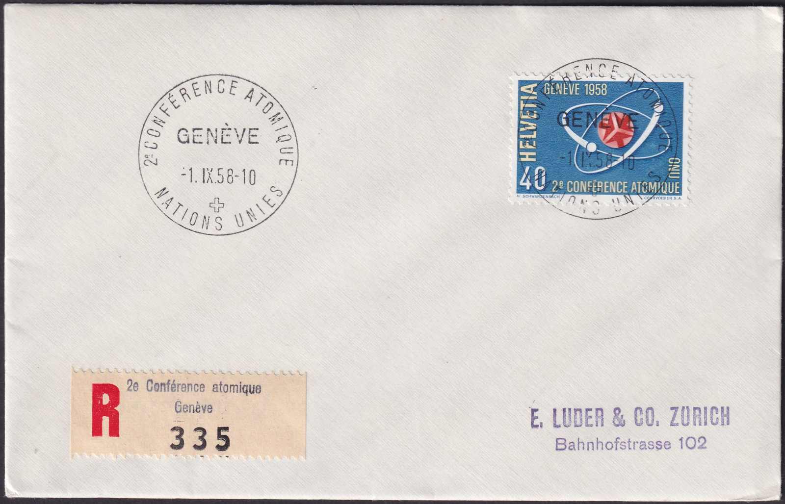 1958, LUDER-Brief, Nr.338, Sonderstempel "2. Atom-Konferenz, Nations ...