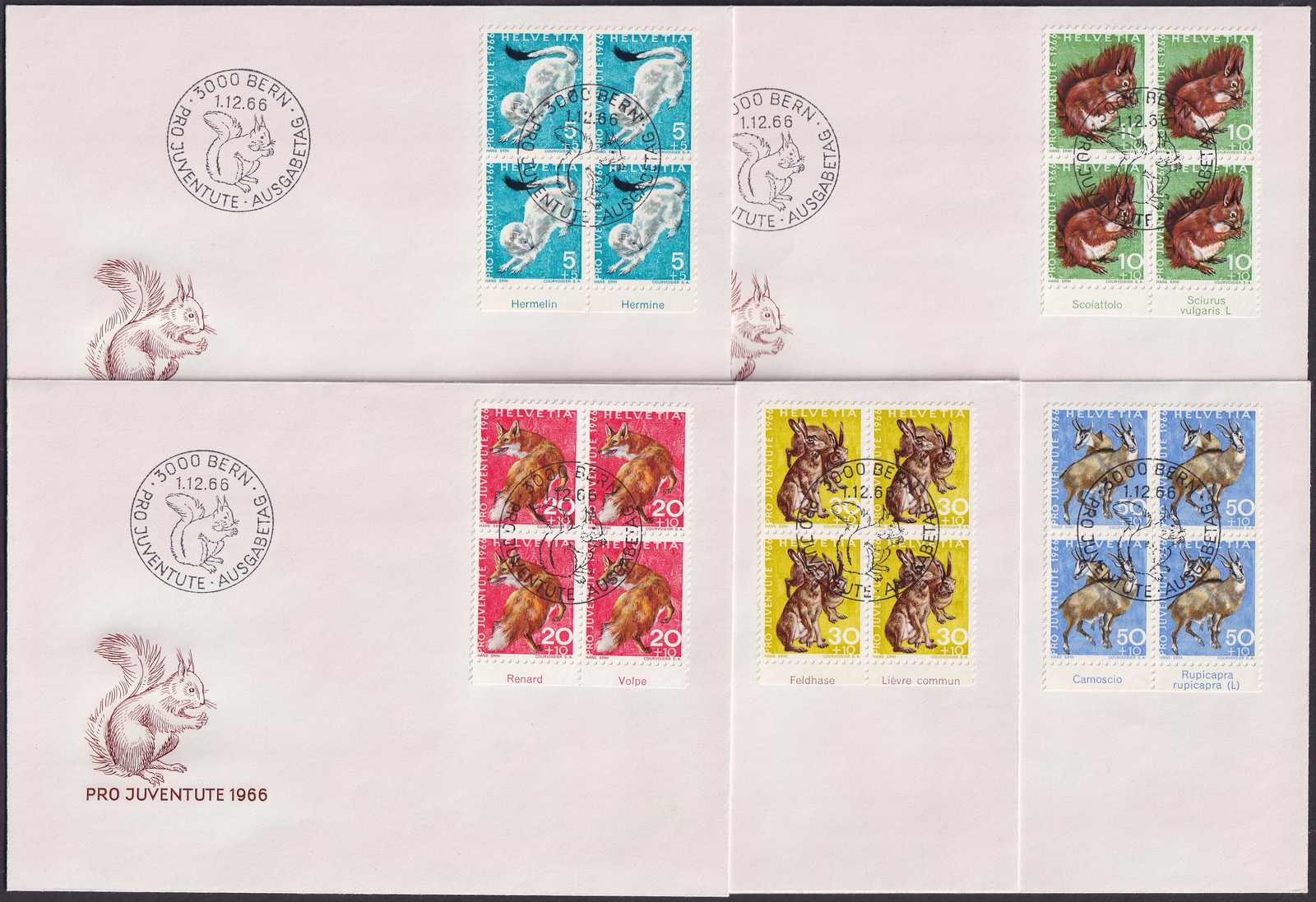 1966, J215-219 Ersttagsbriefe (5x) mit Viererblocks von BERN: 1.12 ...