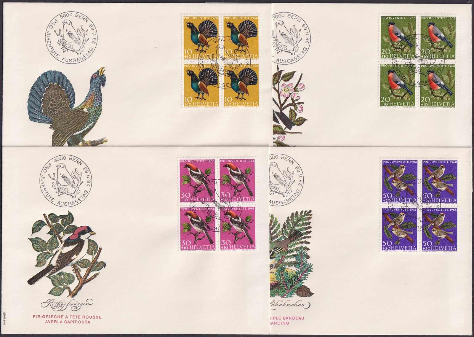 1968, J224-227 Ersttagsbriefe (4x) mit Viererblocks von BERN: 1.12 ...