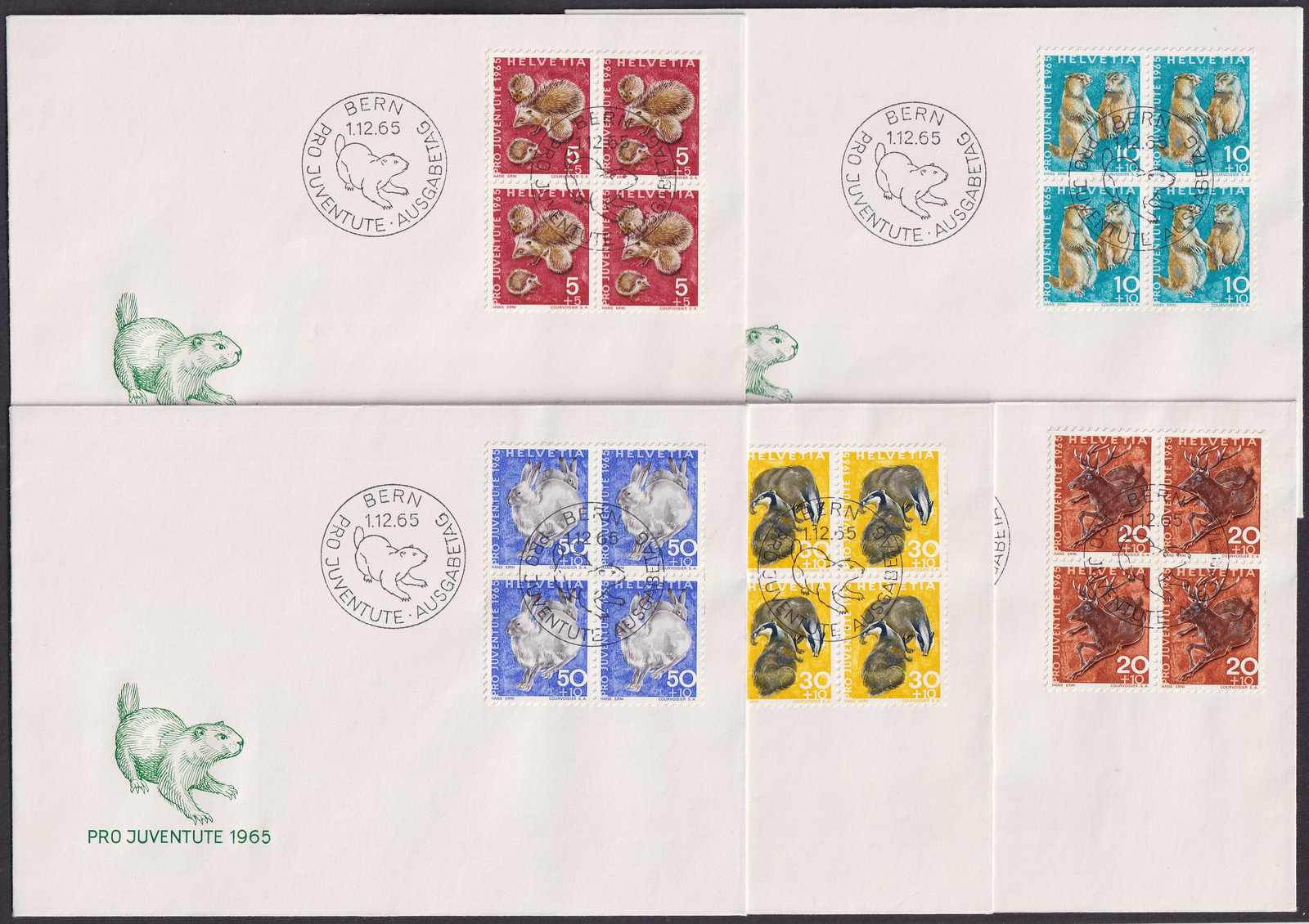 1965, J210-214 (Mi: 826-830) Ersttagsbriefe (5x) mit Viererblocks von ...
