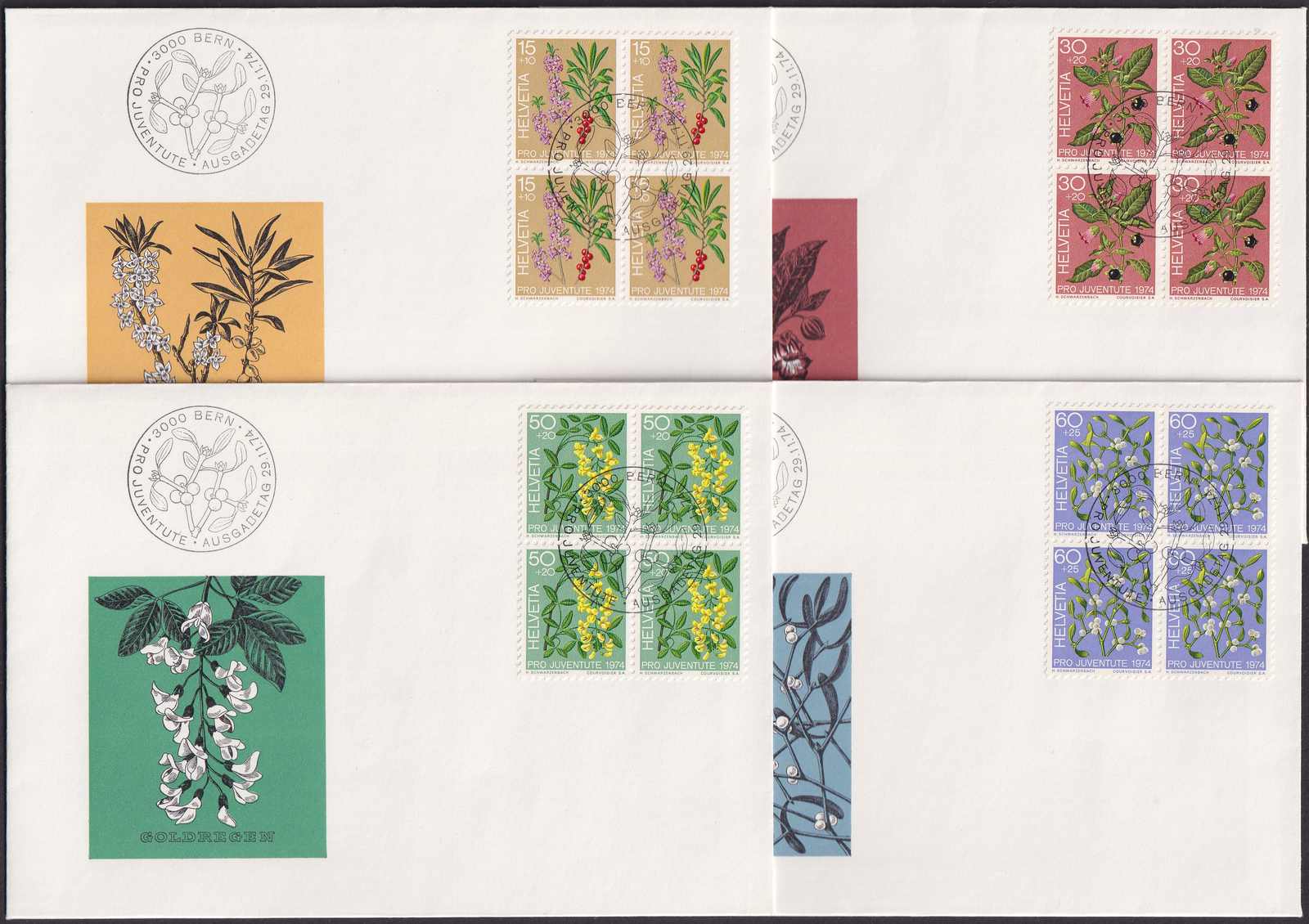 1974, J248-251 (Mi:1042-1045), Ersttagsbriefe (4x) mit Viererblocks ...