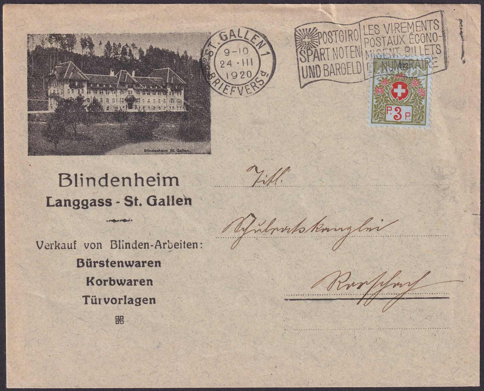 1920, BLINDENHEIM Langgass ST.GALLEN : 24.MÄRZ.20 gelaufen nach ...
